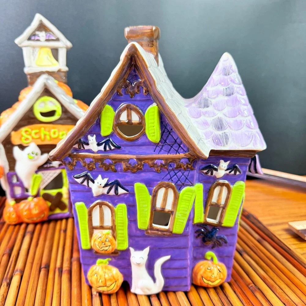 Vintage Halloween Village Set Ceramic JCPenney Haunted House, School 7pc 2003